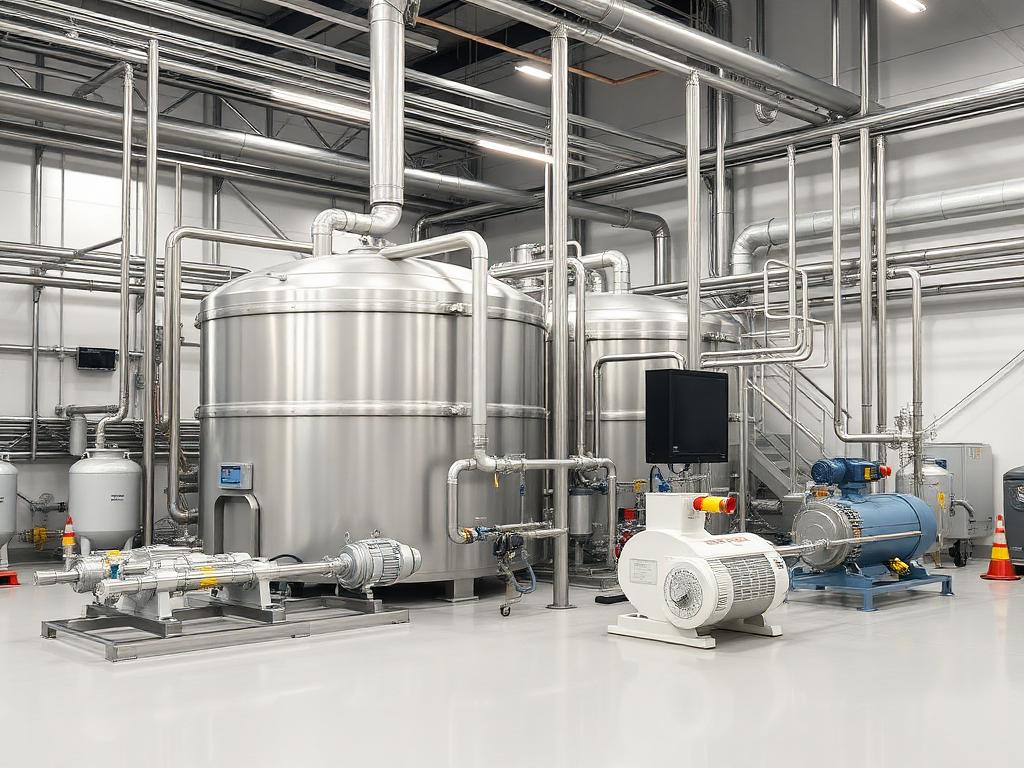 Planta de dosificación química con tanques y bombas de proceso